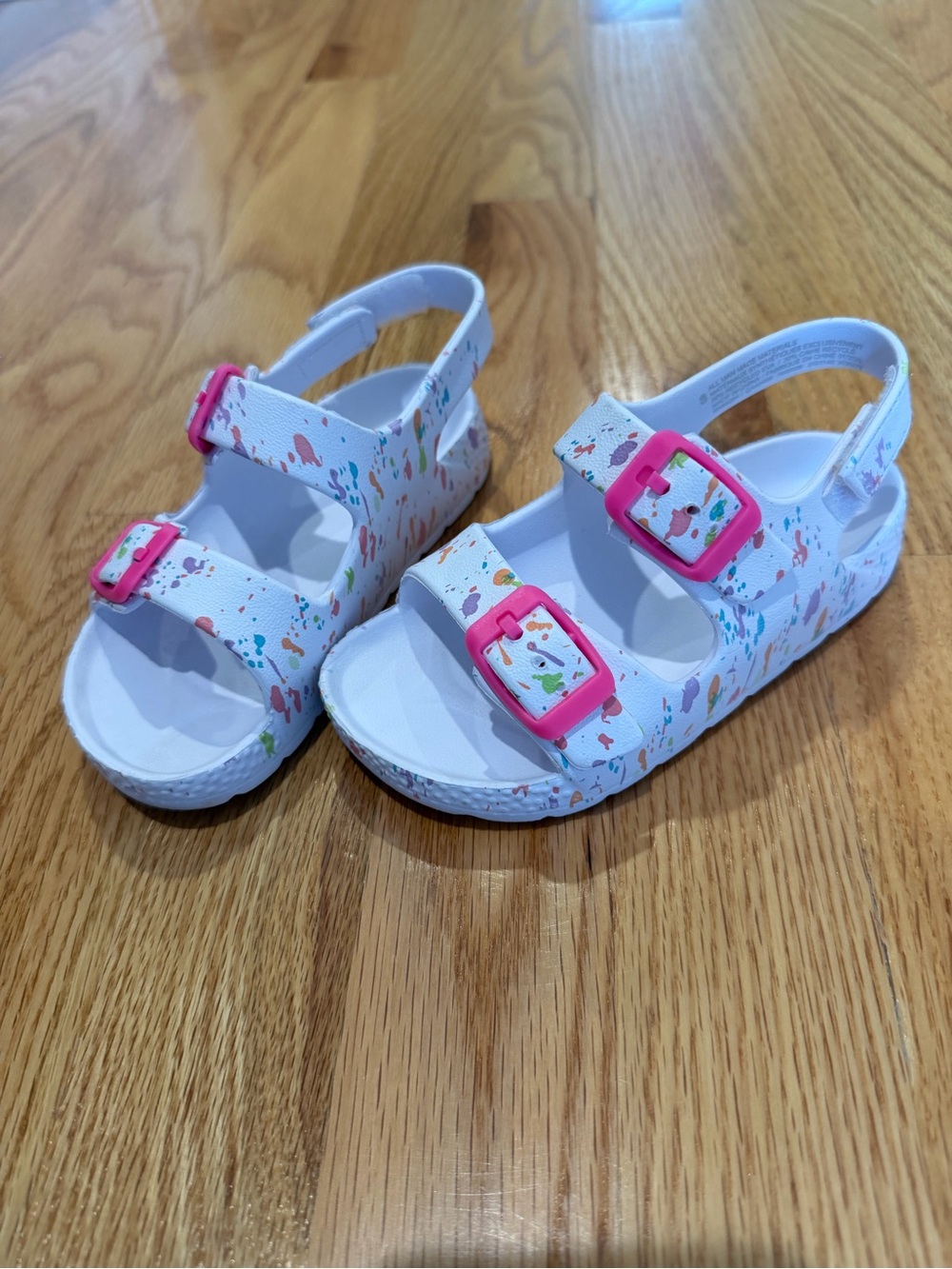 Cat & Jack White Sandals with Pink Buckles and Colorful Paint Splash